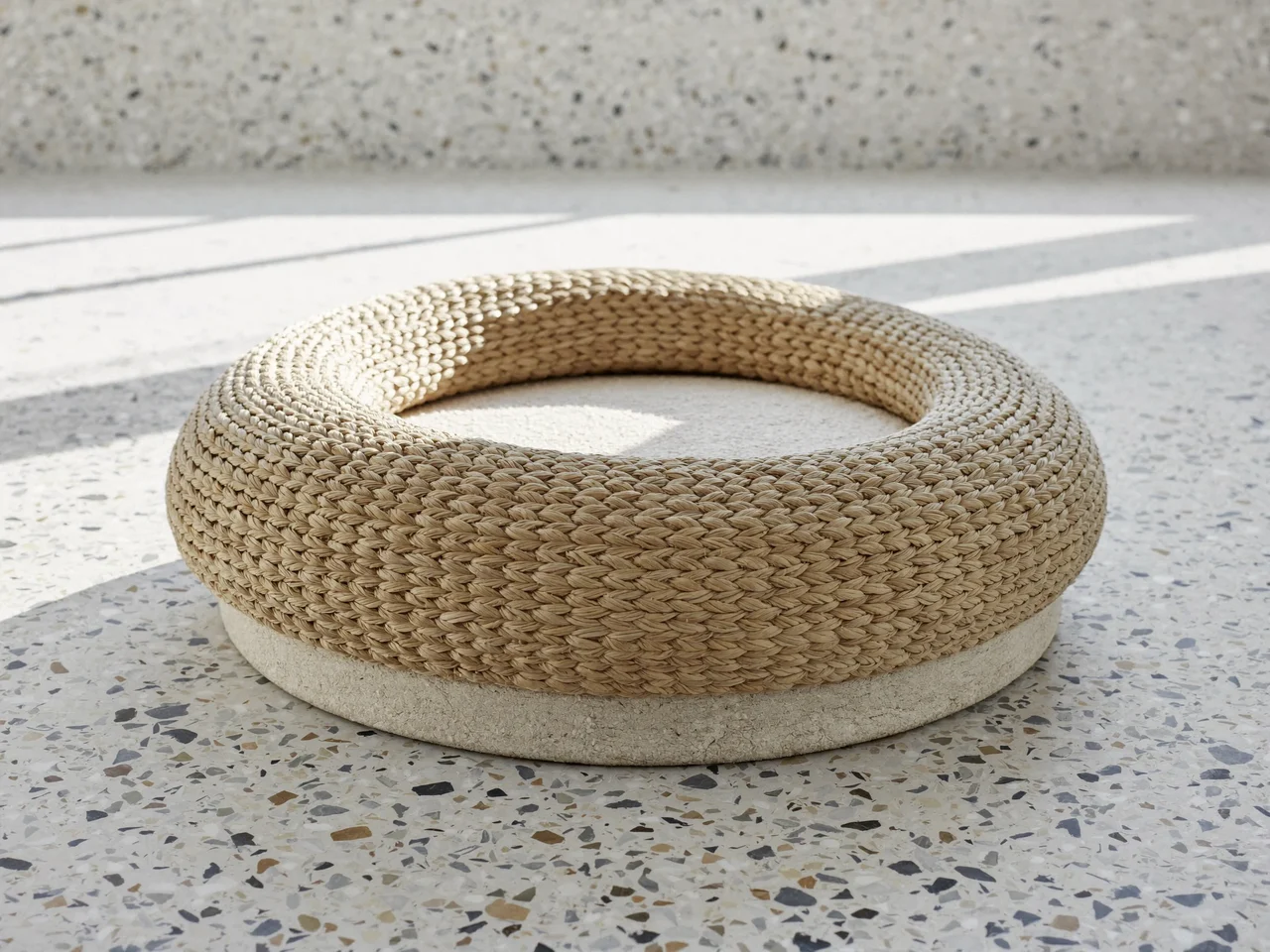 Panier rond en coton tissé avec bord en boudin, sur sol en terrazzo