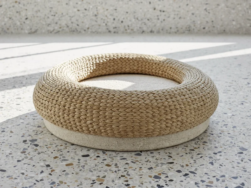 Panier rond en coton tissé avec bord en boudin, sur sol en terrazzo