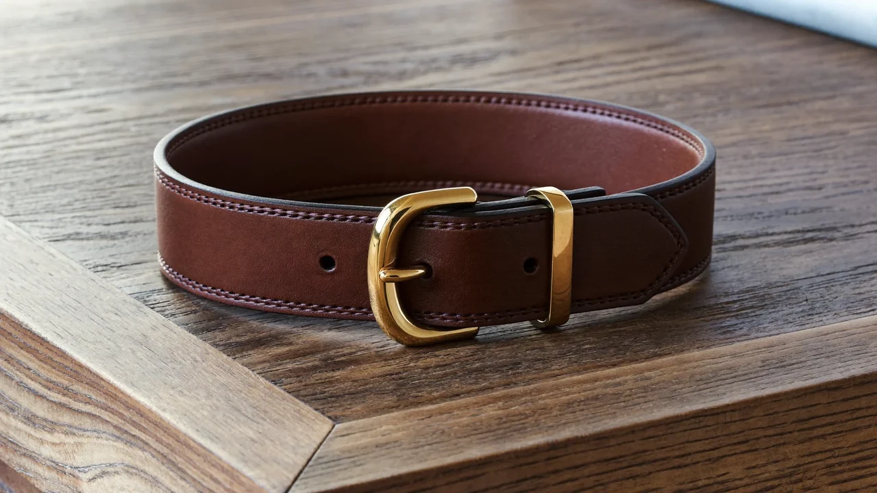 Détail d'une boucle en laiton et d'un bord de cuir piqué